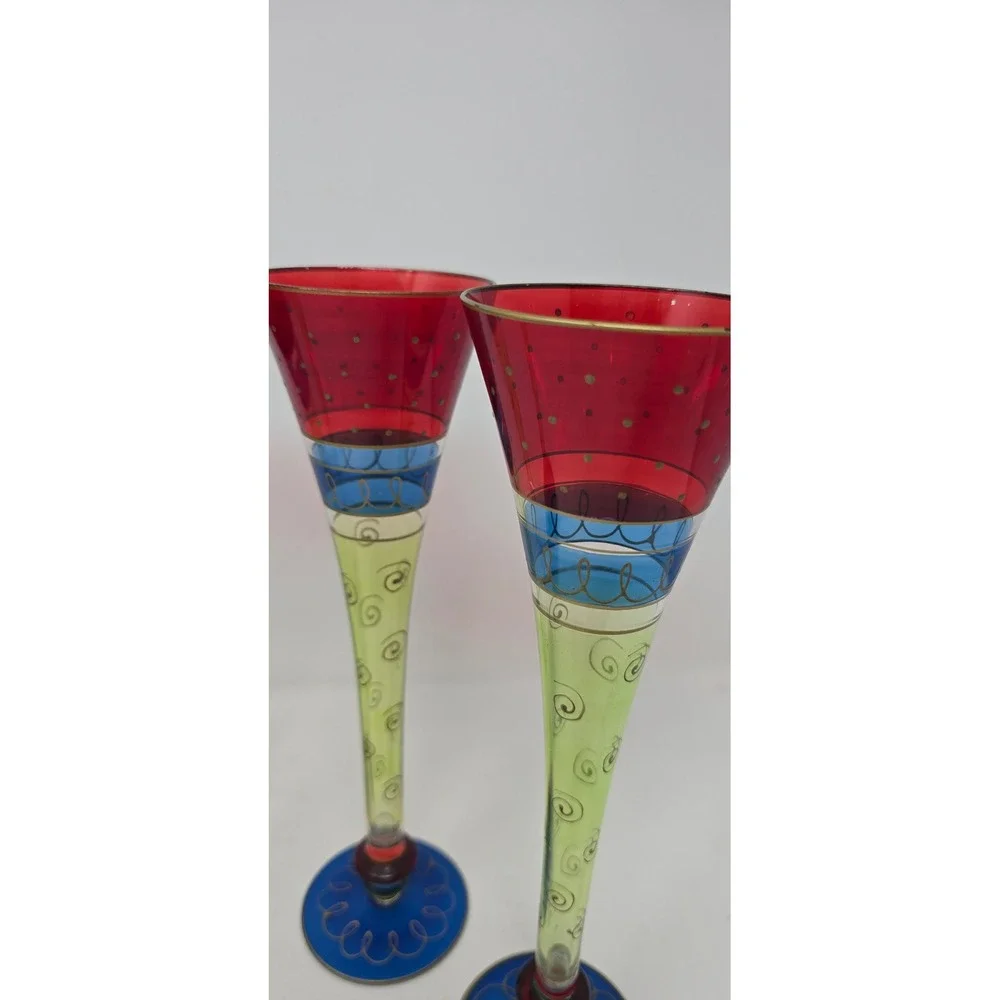 Pier 1 hand painted and blown Champagne flutes Multi Color hollow stem set of‎ 4